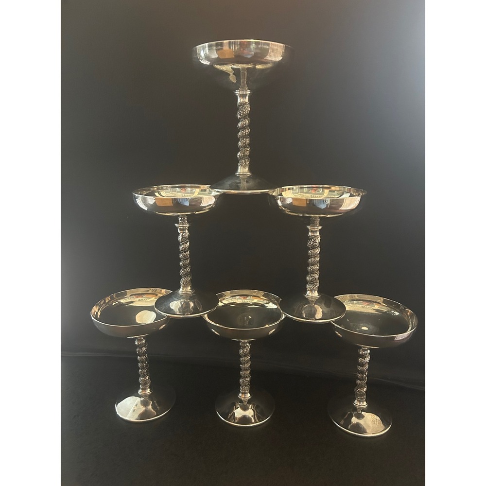 F.B. Rogers Silver Plate Champagne Coupes Set of 6 Grapevine Stem Vintage Spain
